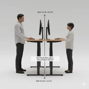 Infographic showing the height range in centimeters (cm) of a dual motor desk, ideal for Canadian ergonomic standards.