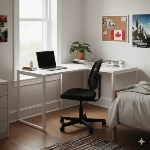 Affordable white corner computer desks for a Montreal student residence or dorm room.