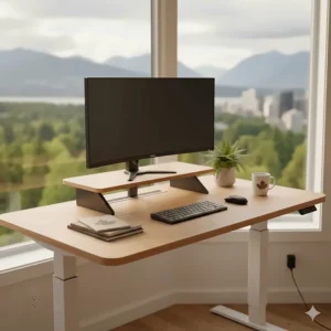 Illustration of a budget-friendly ergonomic standing desk featuring a maple wood finish, perfect for a West Coast home office.