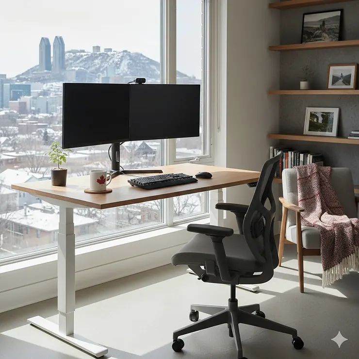 A modern electric standing desk in a bright Canadian home office featuring a dual-monitor setup and ergonomic chair.
