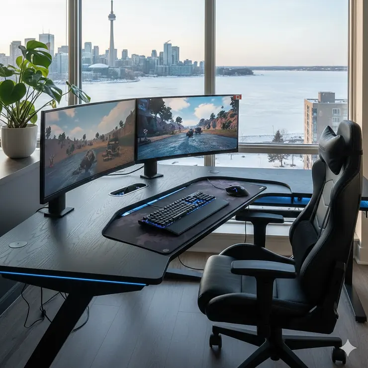 A modern ergonomic gaming desk in a Canadian home office featuring dual monitors and RGB lighting.