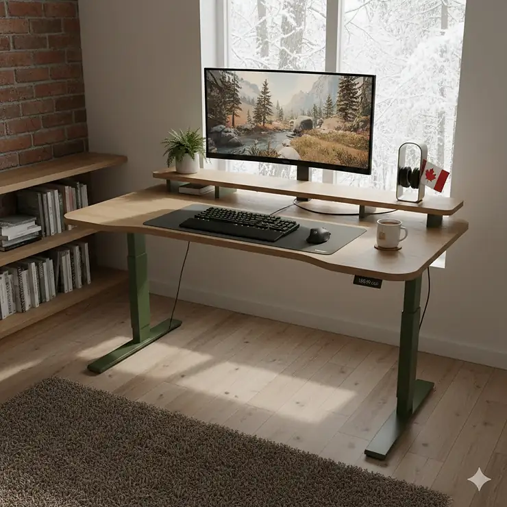 Modern ergonomic gaming desk under $200 in a cozy Canadian home office with RGB lighting and pine forest green accents.