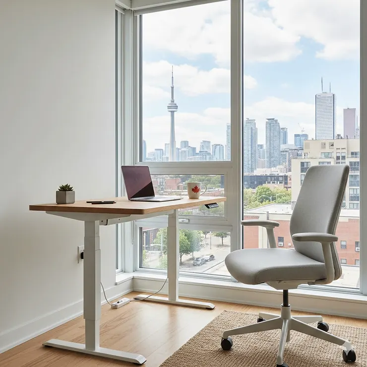 A compact electric standing desk for a small apartment in a modern Canadian urban condo, featuring a minimalist home office setup with a laptop and a coffee mug.