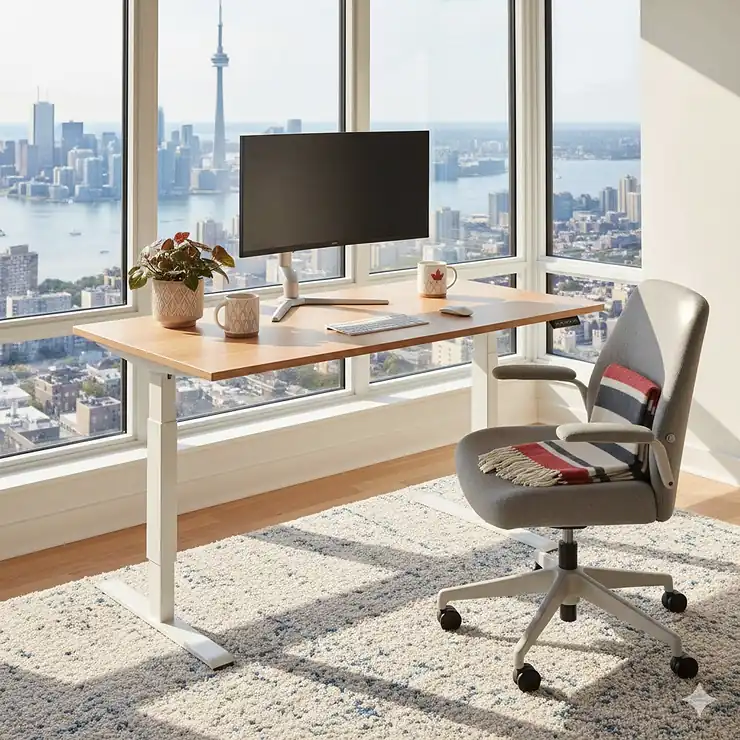 A professional working at a height-adjustable standing desk in a bright Toronto-style condo, showcasing ergonomic office furniture available in Canada.