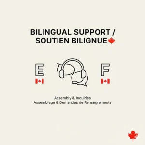 Iconography representing English and French bilingual customer support for standing desk assembly and inquiries in Canada.