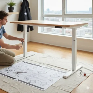 Graphic showing an easy-to-assemble manual crank standing desk with instructions in English and French for Canadian consumers.