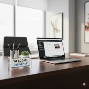 Close-up of a sleek executive desk in Canada featuring a bilingual English and French "Welcome / Bienvenue" sign on a polished surface.