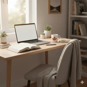 A cozy writing desk in Canada featuring an English-French dictionary and a laptop.