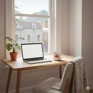 A cozy, minimalist bureau workspace featuring a laptop and a ceramic mug, styled for a Canadian Montreal-inspired interior.