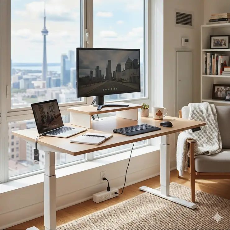 A modern, affordable height-adjustable desk in a bright Toronto apartment with a view, showing a productive remote work setup.