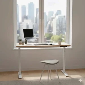 Illustration of a compact electric standing desk perfect for a small condo or apartment in Vancouver or Toronto.