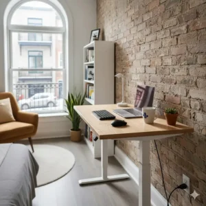 A space-saving, cheap standing desk designed for small Montreal-style studio apartments and urban living.