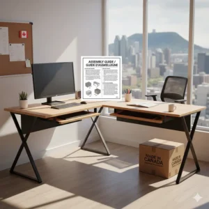Illustration of corner computer desks with bilingual English and French assembly instructions.