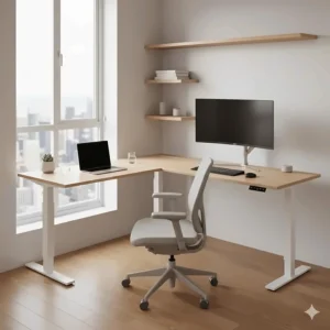 Illustration of an L-shaped standing desk for a small apartment corner, showing how to maximize square footage in a tiny living space.