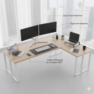 Top-down illustration of a dual-monitor setup on a spacious L-shaped desk for Canadian remote workers.