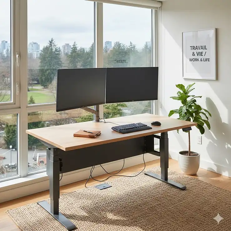A dual motor standing desk in a modern Canadian home office setting, showing smooth height transition and ergonomic workspace setup.