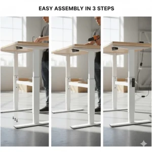 Simple step-by-step illustration showing the easy assembly process of a height-adjustable electric standing desk.