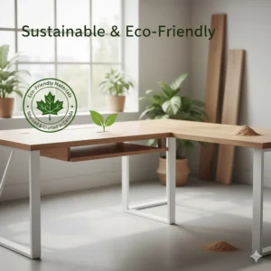 Illustration highlighting sustainable materials and eco-friendly manufacturing for an L-shaped desk in Canada.
