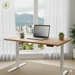 Illustration of an eco-friendly bamboo standing desk for a small apartment, appealing to environmentally conscious Canadian consumers.