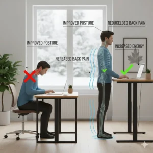 Illustration showing the ergonomic health benefits of using an electric standing desk to improve posture and reduce back pain.