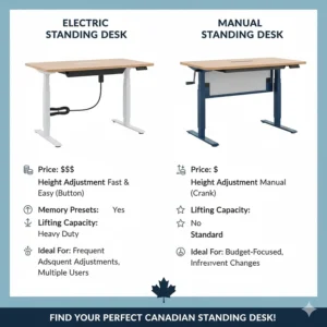 Comparison chart showing the price difference between electric and manual height-adjustable desks available in Canada.