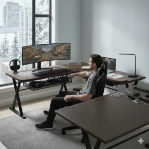 Carbon fiber texture L-shaped gaming desk with ergonomic edges for long gaming sessions.