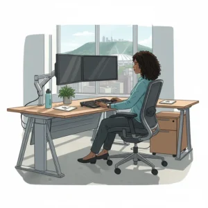 Illustration of an ergonomic executive L-shaped desk with a dual-monitor setup for a Montreal professional.