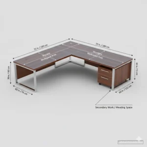 3D diagram showing the measurements and surface area of a spacious executive L-shaped desk.