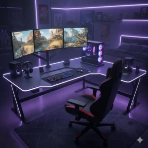 Large corner computer desks for gaming with RGB LED lighting and multiple screens.
