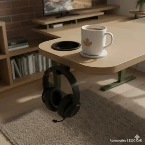 Desk accessories including a metal headphone hook and cup holder on a $200 gaming workstation.