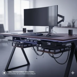 Graphic showing clean cable management solutions integrated into a premium gaming desk.