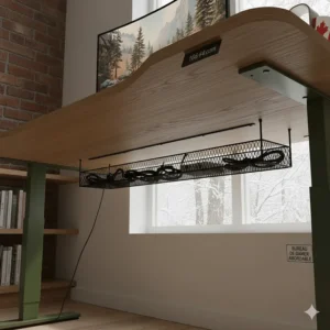 Built-in cable management tray on a budget gaming desk under $200; bureau de gamer abordable.