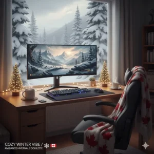 Cozy gaming setup illustration with a high-quality desk near a window showing a Canadian winter landscape.