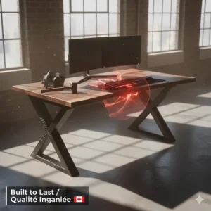 Illustration highlighting the durability and build quality of a heavy-duty gaming desk sold in Canada.
