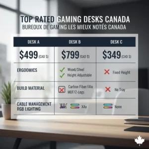 Comparison chart illustration showing the value and pricing in CAD for top-rated gaming desks in Canada.