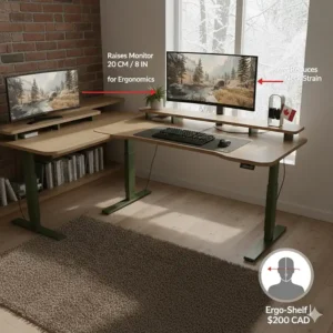 Ergonomic gaming desk under $200 featuring an integrated monitor riser to reduce neck strain.