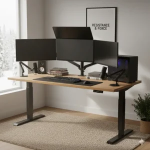 Illustration showing the high weight capacity of a dual motor standing desk supporting multiple monitors and PC gear.
