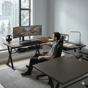 Versatile L-shaped desk used as both a professional workstation and a high-performance gaming hub.