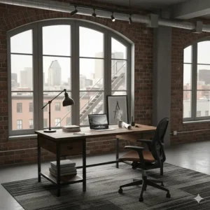 Sleek industrial writing desk for a Montreal loft, featuring metal accents and a dark wood finish.