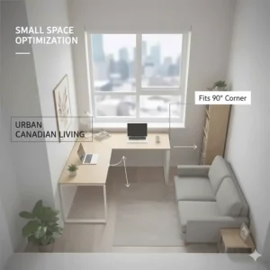 Illustration of an L-shaped desk layout for small Canadian apartments and condo living rooms.
