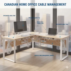 Illustration of built-in cable management features for an L-shaped desk to keep Canadian home offices organized.