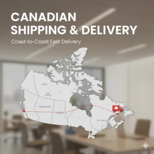 Illustration showing fast shipping for L-shaped desks across Canada from British Columbia to Newfoundland.