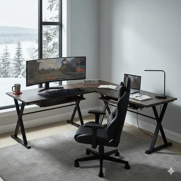 A spacious L-shaped gaming desk setup in a modern Canadian home office with a view of a snowy landscape through the window.