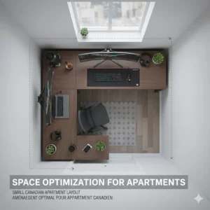 A top-down diagram of an L-shaped gaming desk optimized for small Canadian apartment spaces.