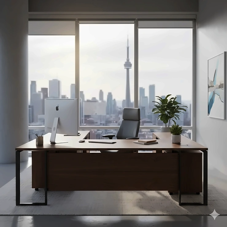 A modern L-shaped executive desk in a high-rise Toronto office overlooking the CN Tower, showcasing premium Canadian office furniture.