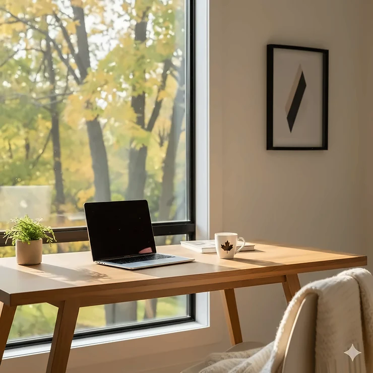 A modern minimalist desk in a bright Canadian home office with a view of maple trees, featuring a clean workspace.