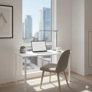 Minimalist desk setup in a small Toronto condo apartment maximizing limited square footage with functional decor.