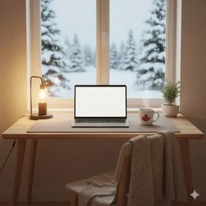 Minimalist desk in Canada during winter, featuring warm lighting, a neutral desk mat, and a view of snow outside.