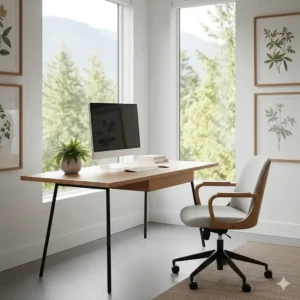 Minimalist wood executive desk in a bright Vancouver-style home office with West Coast greenery and ergonomic chair.
