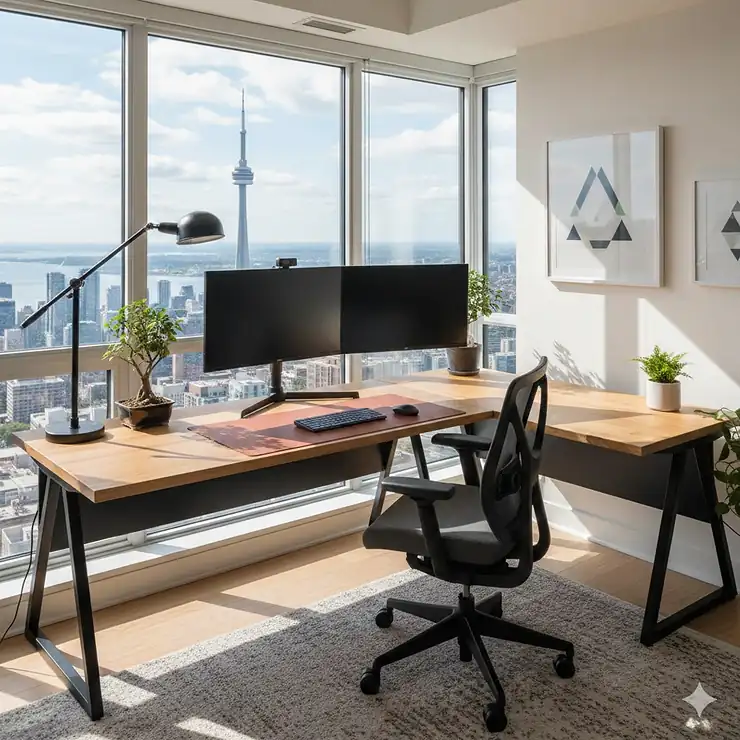 L-shaped corner computer desks in a bright Toronto condo with a view of the city skyline.